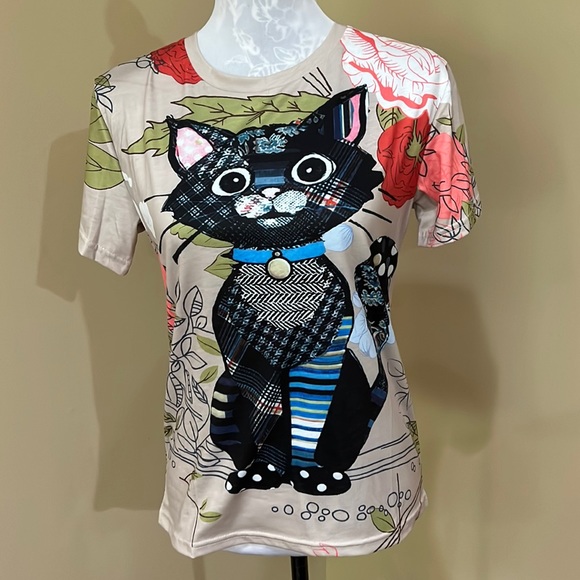 Black cat patchwork animation kitty summer shirt size small - Picture 1 of 7